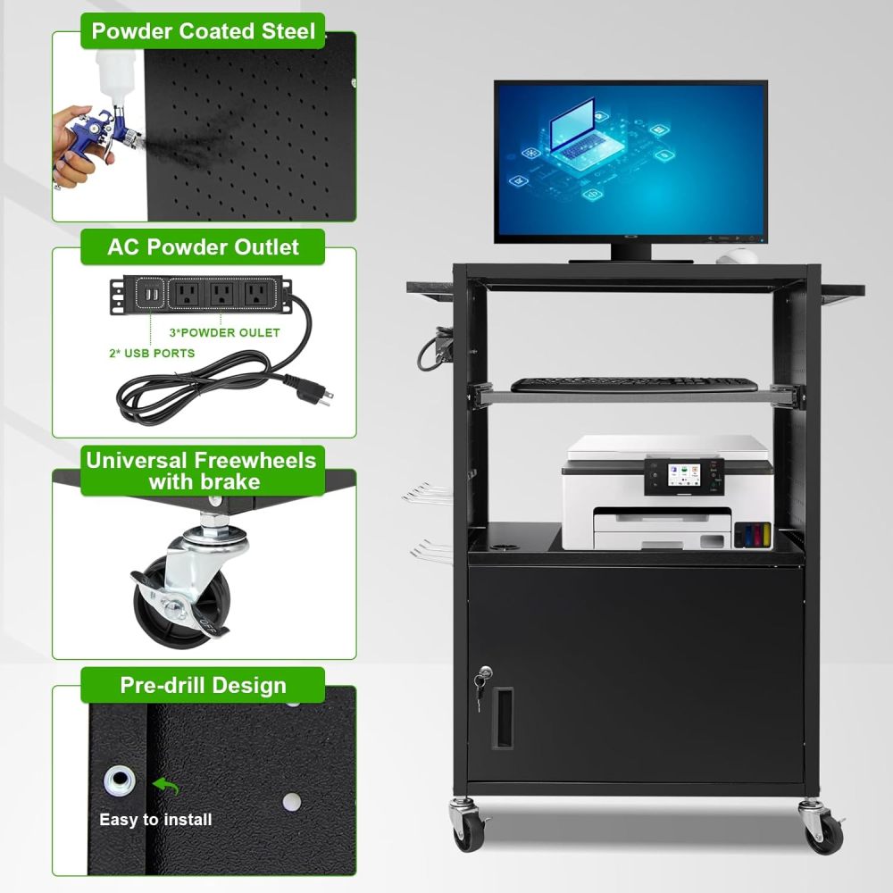 AV Cart, Computer Carts with Wheels and Power, Steel Cart with Locking Cabinet & Pullout Keyboard Tray, Projector Media Cart with Side Pegboard & 12 Hooks for School Office, Black（Free Shipping)