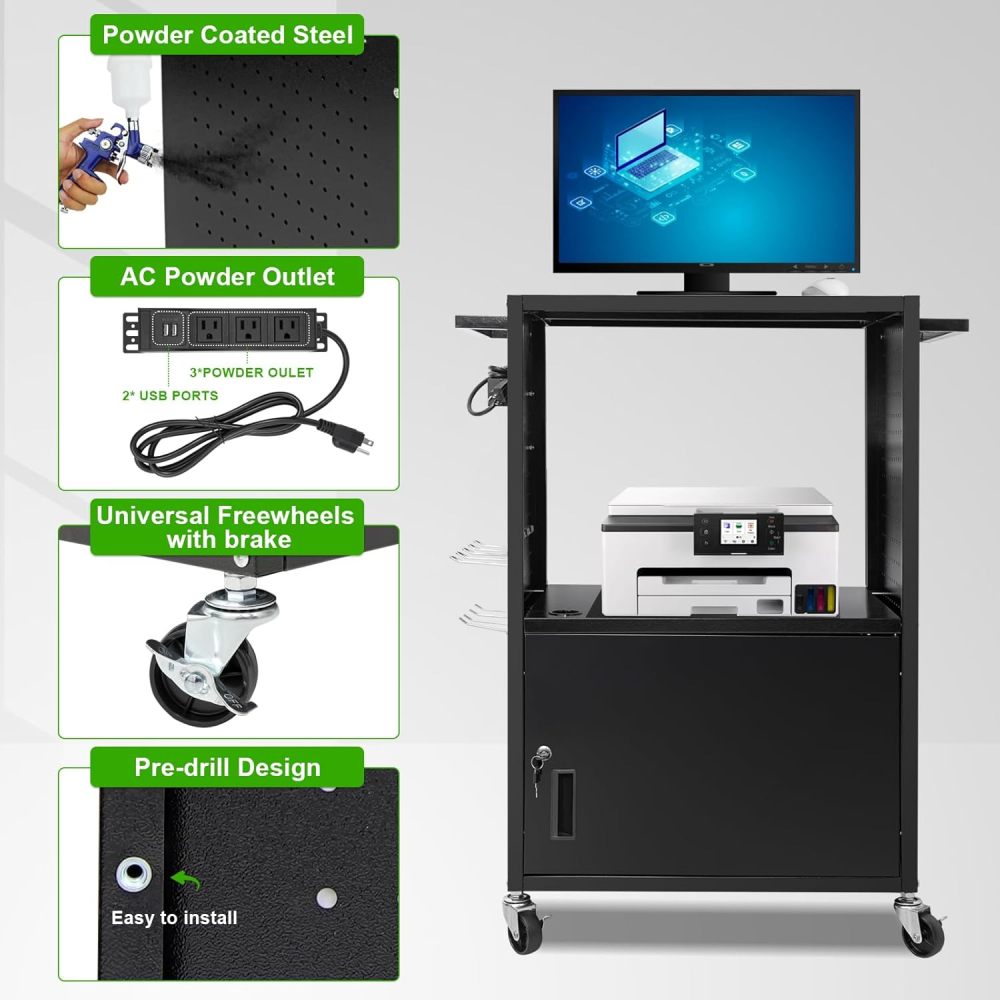 AV Cart, Computer Cart with Wheels and Power, Steel Utility Cart with Locking Cabinet, Projector Media Handcart with DIY Side Pegboard & 12 Hooks for School Office, 18”X 26” X40”, Black（Free Shipping)