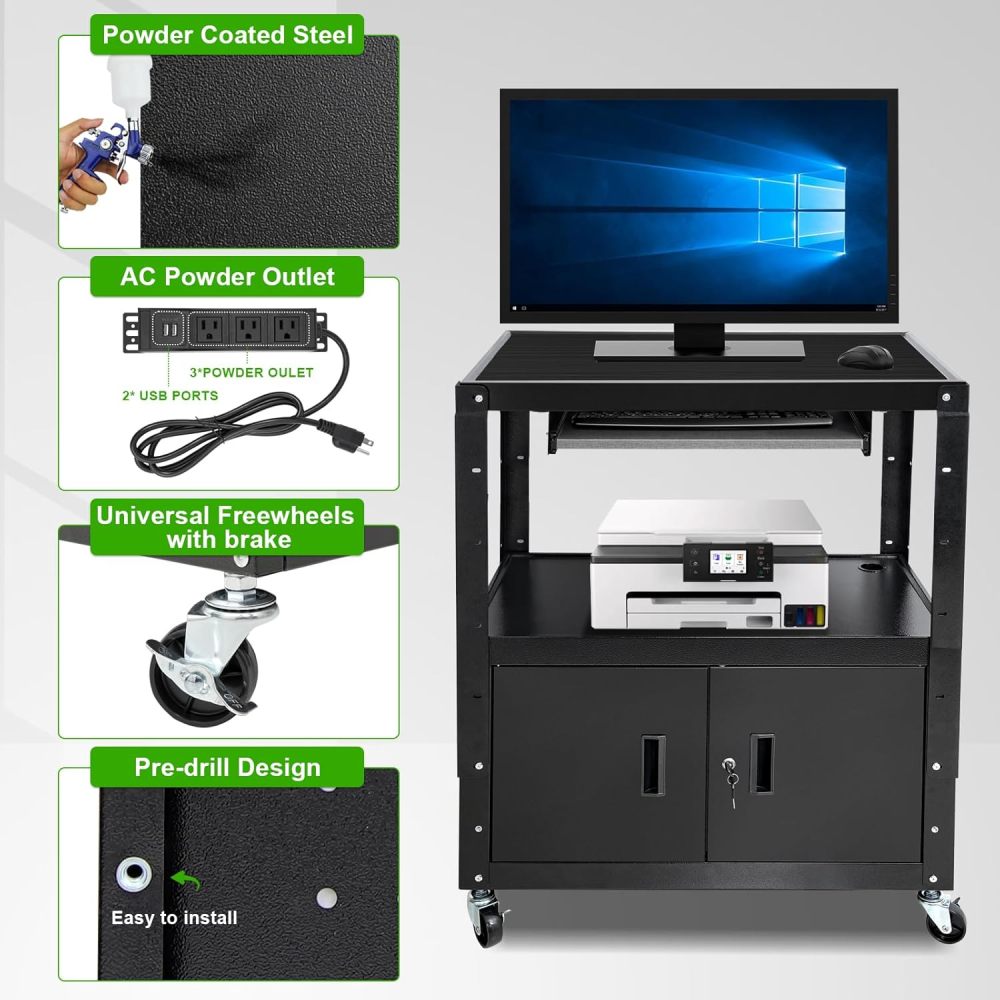 AV Cart, Computer Steel Carts with Wheels and Power, Height Adjustable Rolling AV Cart with Locking Cabinet & Pullout Keyboard Tray, Projector Cart for School Office, 18”X 30.8”X 42”, Black（Free Shipping)
