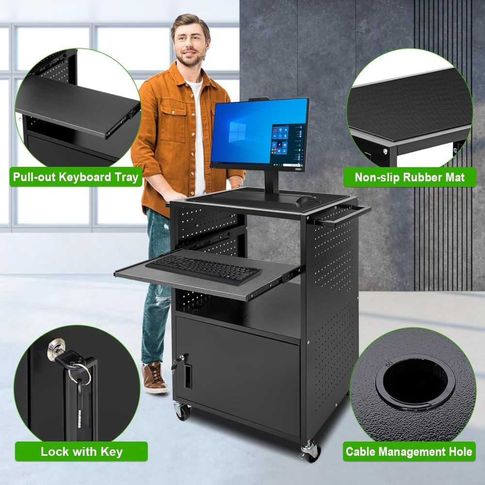 AV Cart, Computer Carts with Wheels and Power, Steel Cart with Locking Cabinet & Pullout Keyboard Tray, Projector Media Cart with Side Pegboard & 12 Hooks for School Office, Black（Free Shipping)