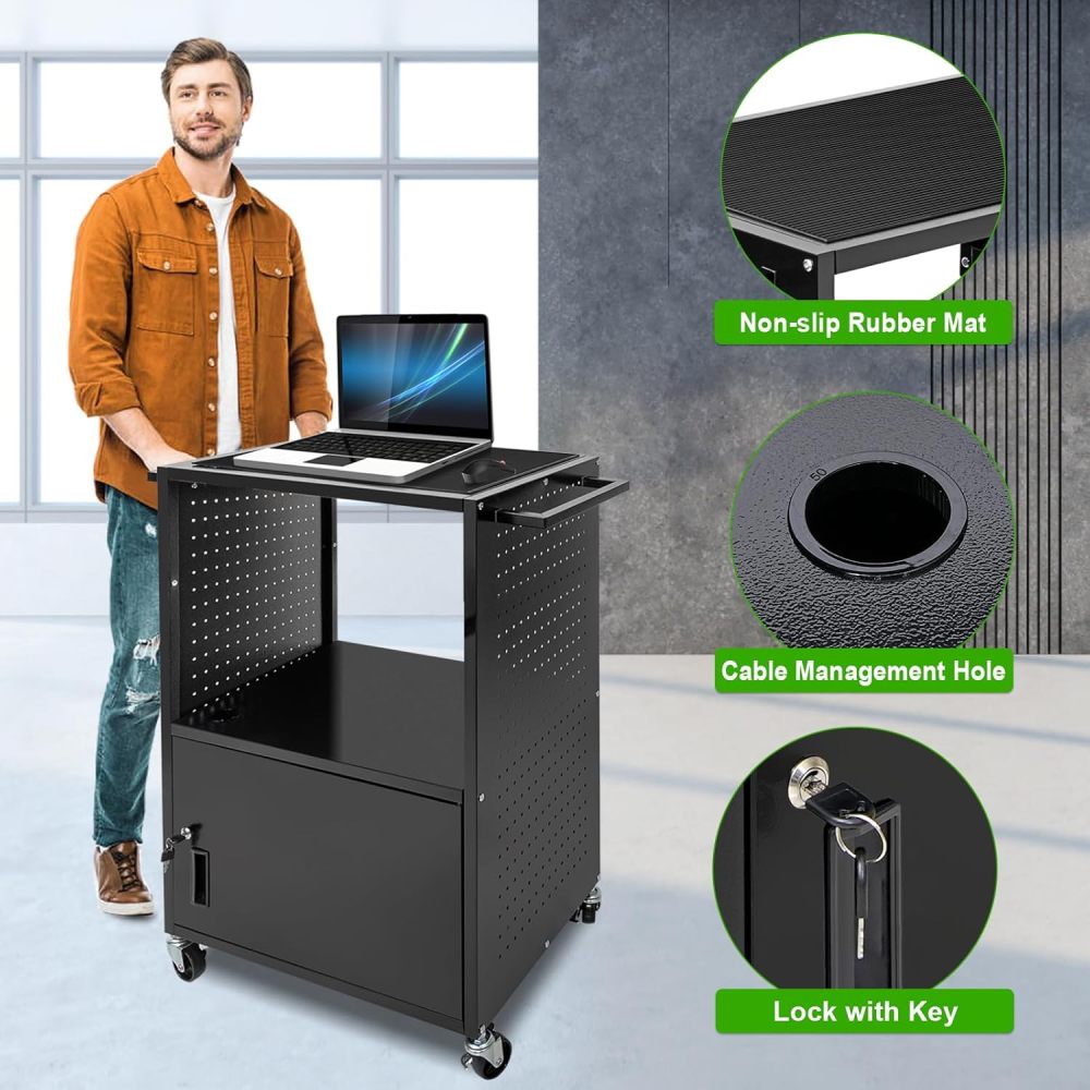 AV Cart, Computer Cart with Wheels and Power, Steel Utility Cart with Locking Cabinet, Projector Media Handcart with DIY Side Pegboard & 12 Hooks for School Office, 18”X 26” X40”, Black（Free Shipping)