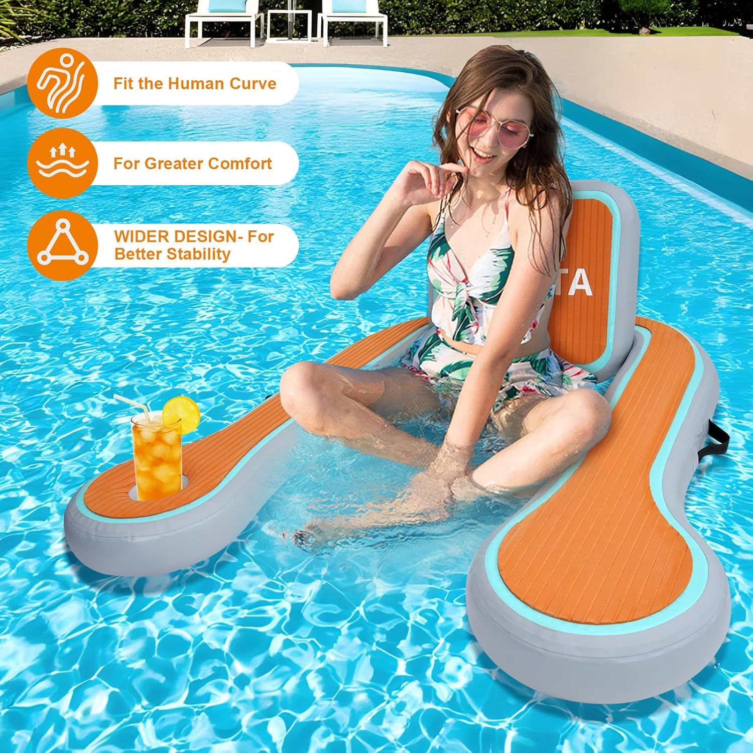 Inflatable Floating Chair, Pool Lounger Float for Adults, Floating Chair for Pool, Lake, River and Beach with EVA Pad Storage Bag Cup Holder, 48 X 45 Inch（Free Shipping)