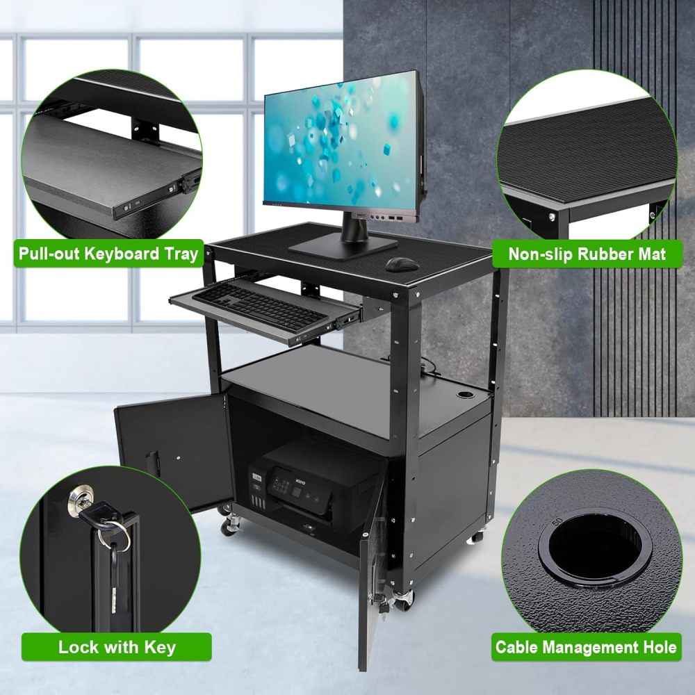 AV Cart, Computer Steel Carts with Wheels and Power, Height Adjustable Rolling AV Cart with Locking Cabinet & Pullout Keyboard Tray, Projector Cart for School Office, 18”X 30.8”X 42”, Black（Free Shipping)
