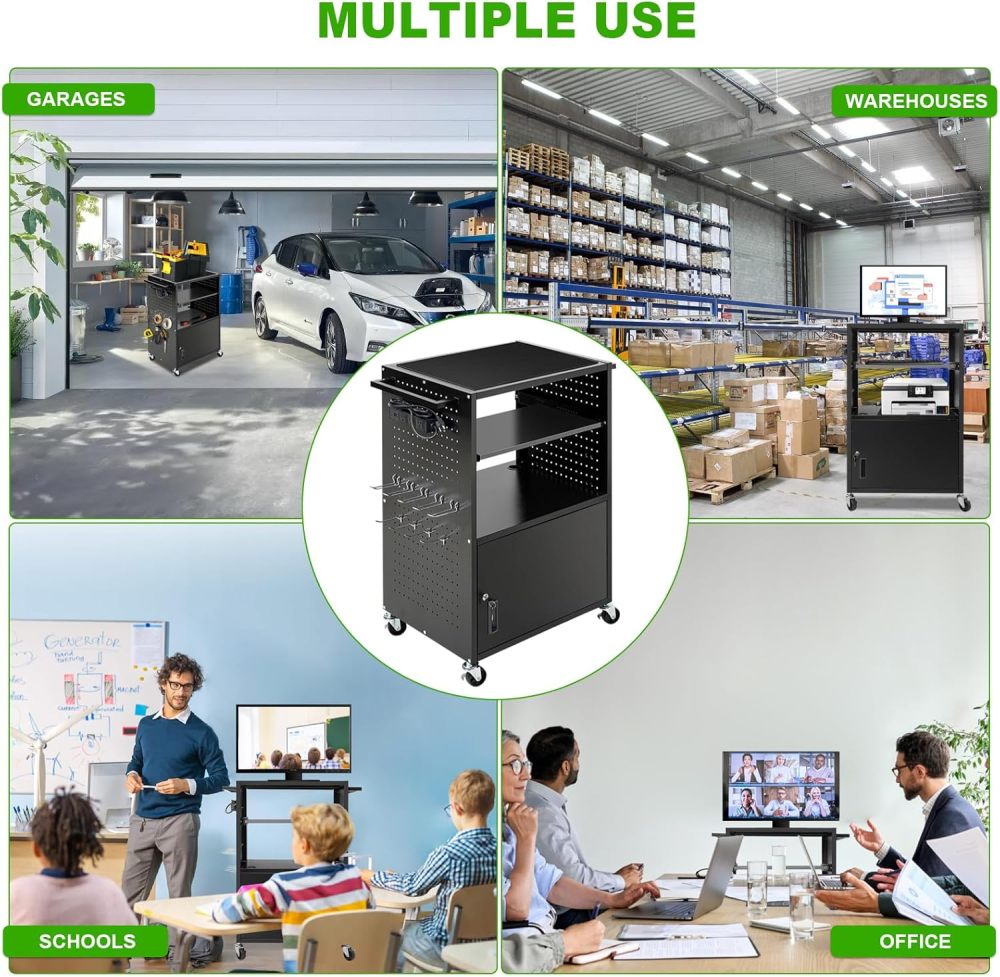 AV Cart, Computer Carts with Wheels and Power, Steel Cart with Locking Cabinet & Pullout Keyboard Tray, Projector Media Cart with Side Pegboard & 12 Hooks for School Office, Black（Free Shipping)