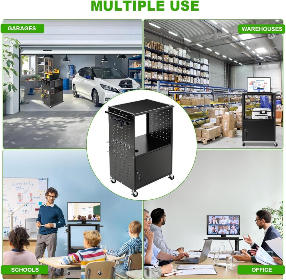AV Cart, Computer Cart with Wheels and Power, Steel Utility Cart with Locking Cabinet, Projector Media Handcart with DIY Side Pegboard & 12 Hooks for School Office, 18”X 26” X40”, Black（Free Shipping)