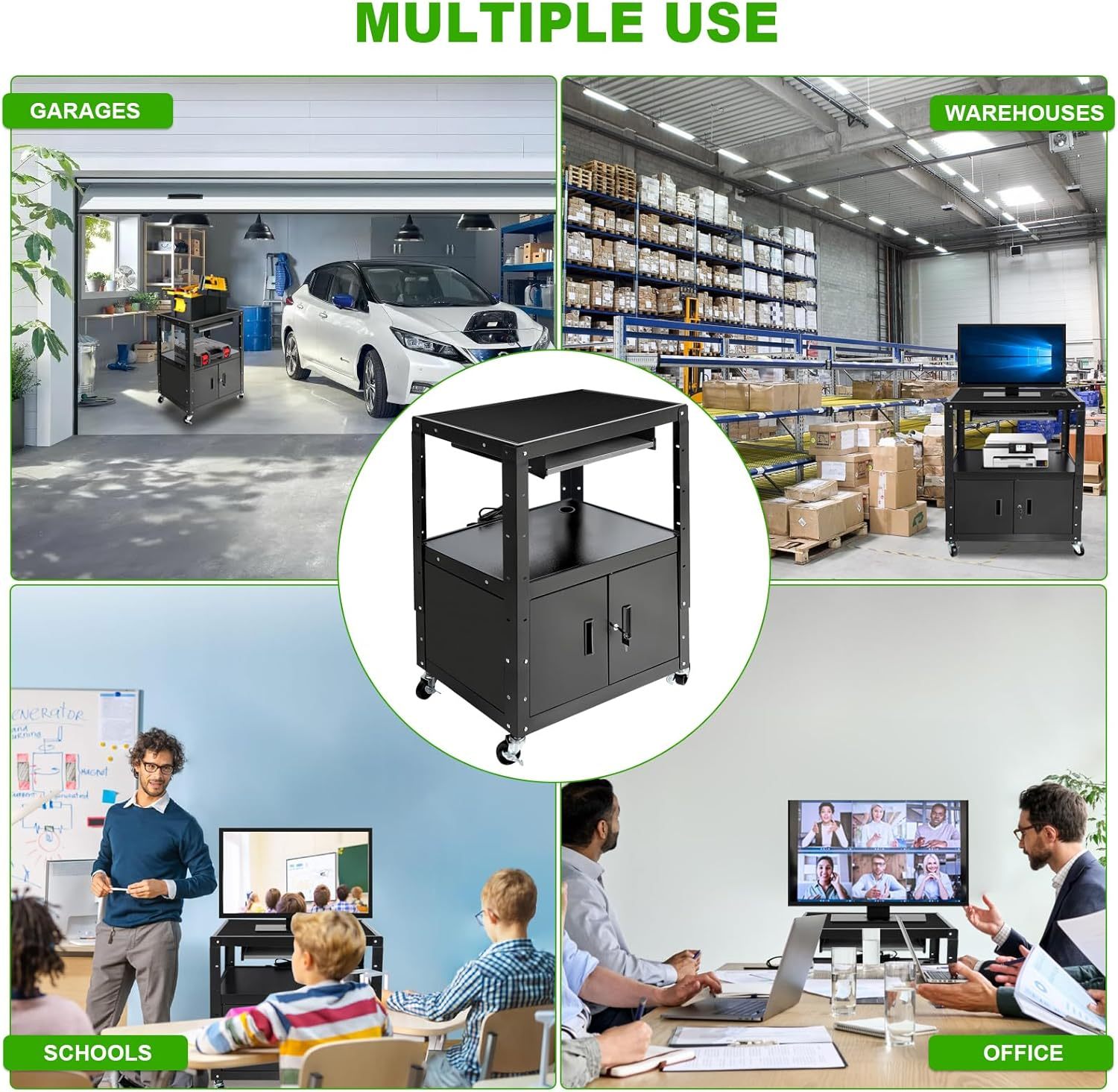 AV Cart, Computer Steel Carts with Wheels and Power, Height Adjustable Rolling AV Cart with Locking Cabinet & Pullout Keyboard Tray, Projector Cart for School Office, 18”X 30.8”X 42”, Black（Free Shipping)