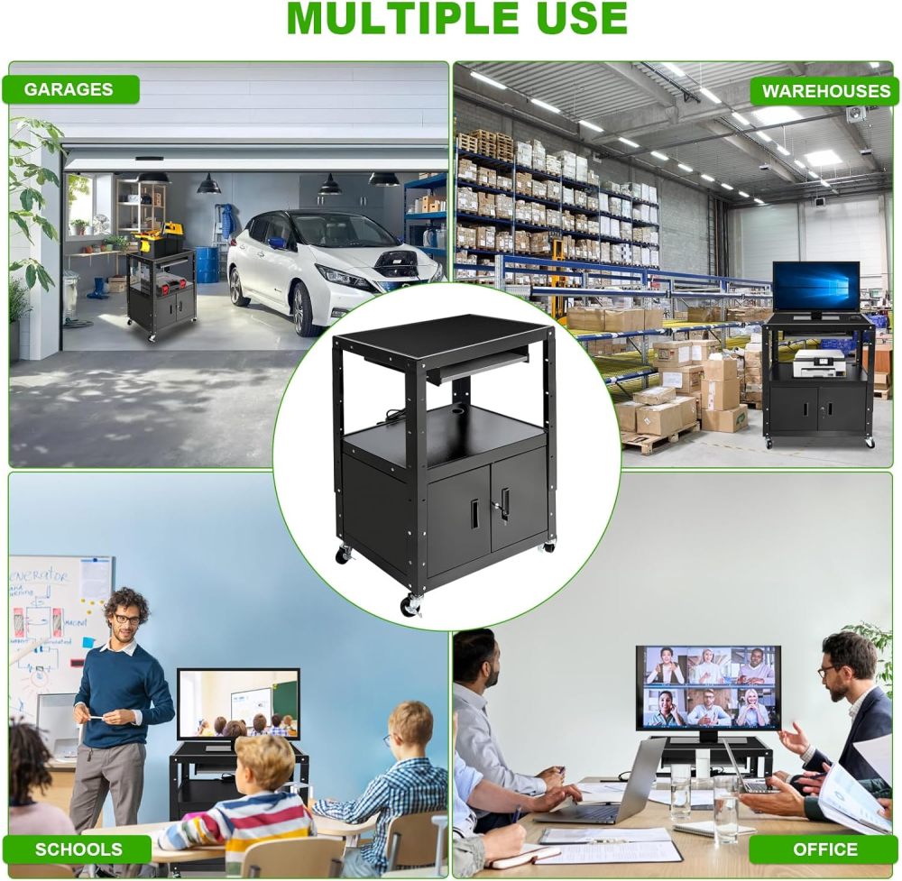 AV Cart, Computer Steel Carts with Wheels and Power, Height Adjustable Rolling AV Cart with Locking Cabinet & Pullout Keyboard Tray, Projector Cart for School Office, 18”X 30.8”X 42”, Black（Free Shipping)