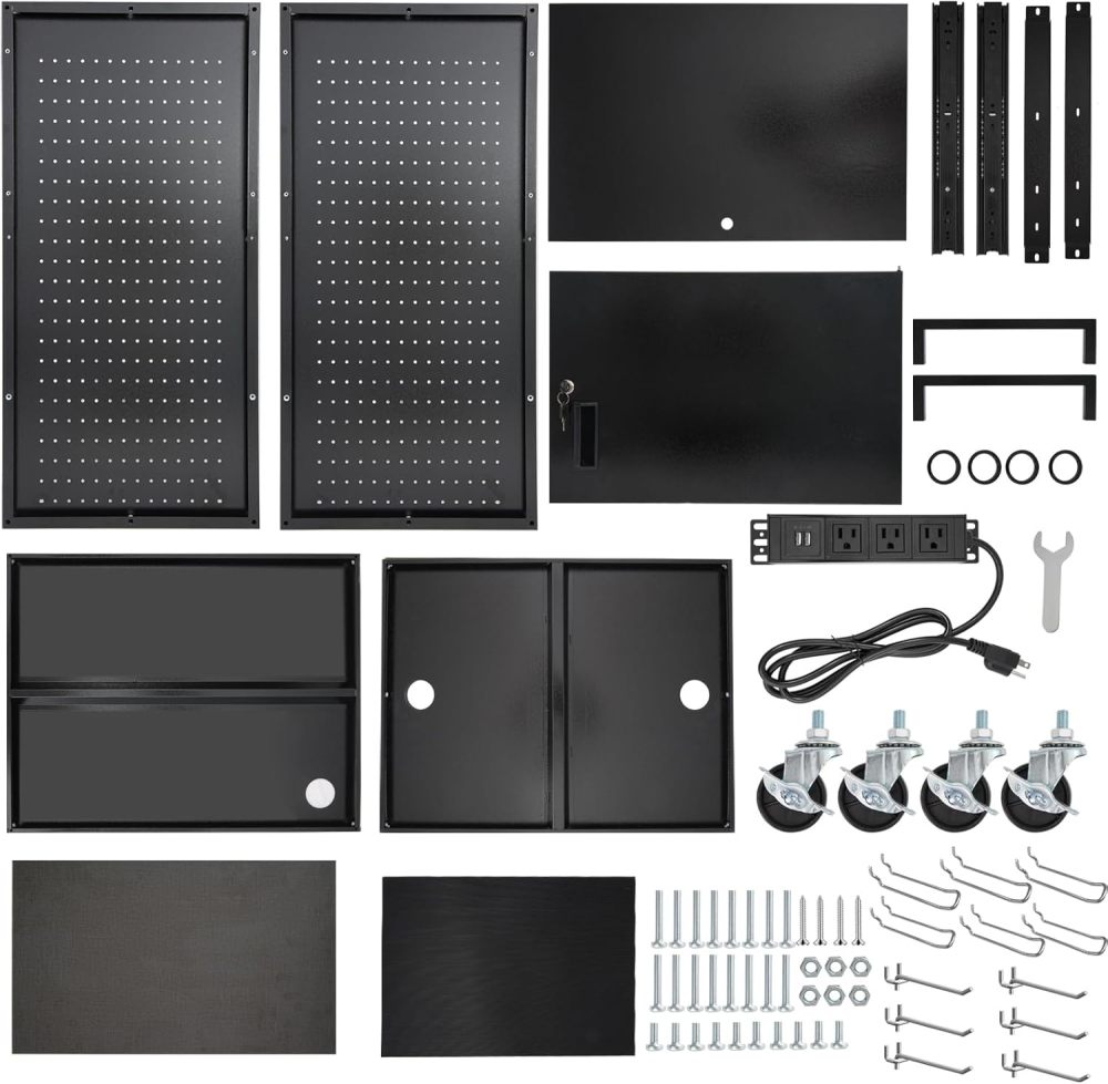 AV Cart, Computer Carts with Wheels and Power, Steel Cart with Locking Cabinet & Pullout Keyboard Tray, Projector Media Cart with Side Pegboard & 12 Hooks for School Office, Black（Free Shipping)