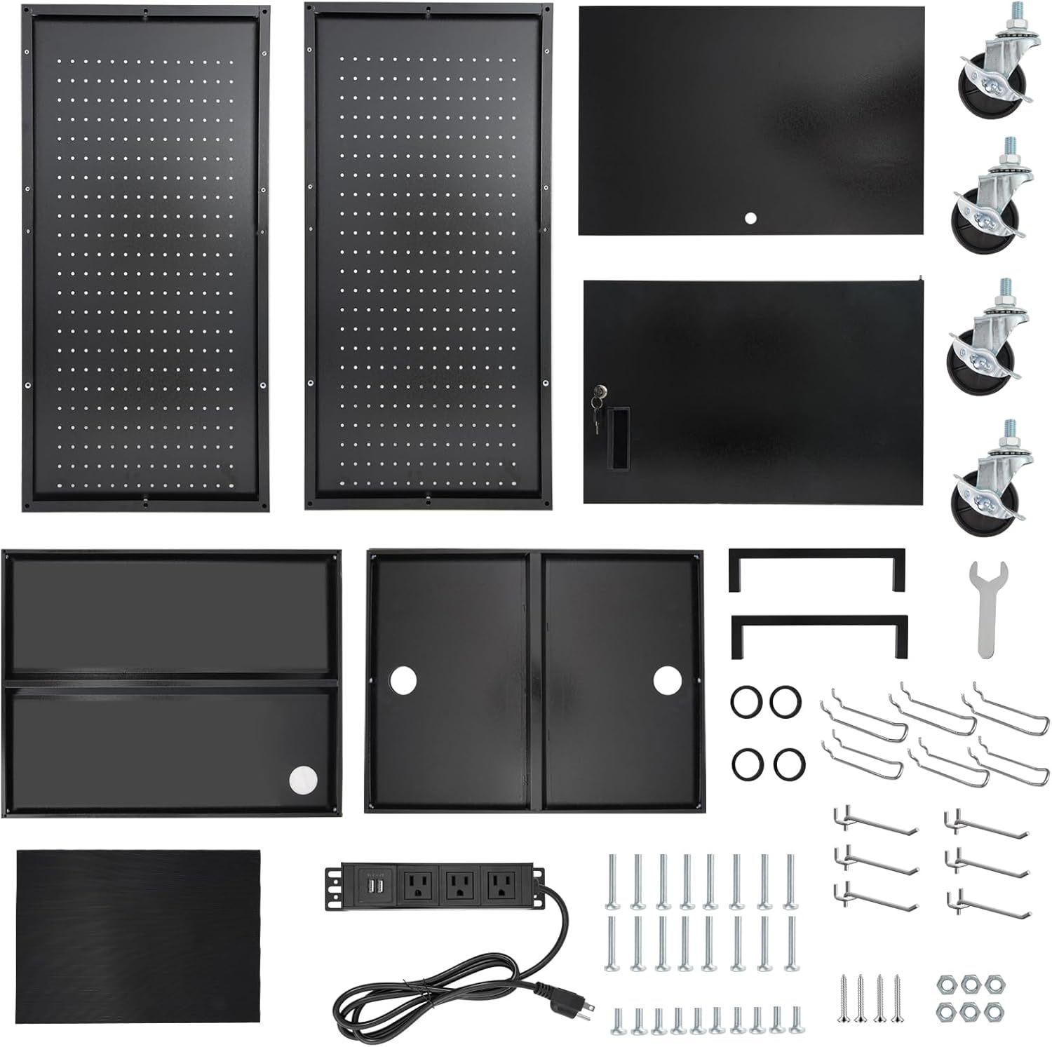 AV Cart, Computer Cart with Wheels and Power, Steel Utility Cart with Locking Cabinet, Projector Media Handcart with DIY Side Pegboard & 12 Hooks for School Office, 18”X 26” X40”, Black（Free Shipping)