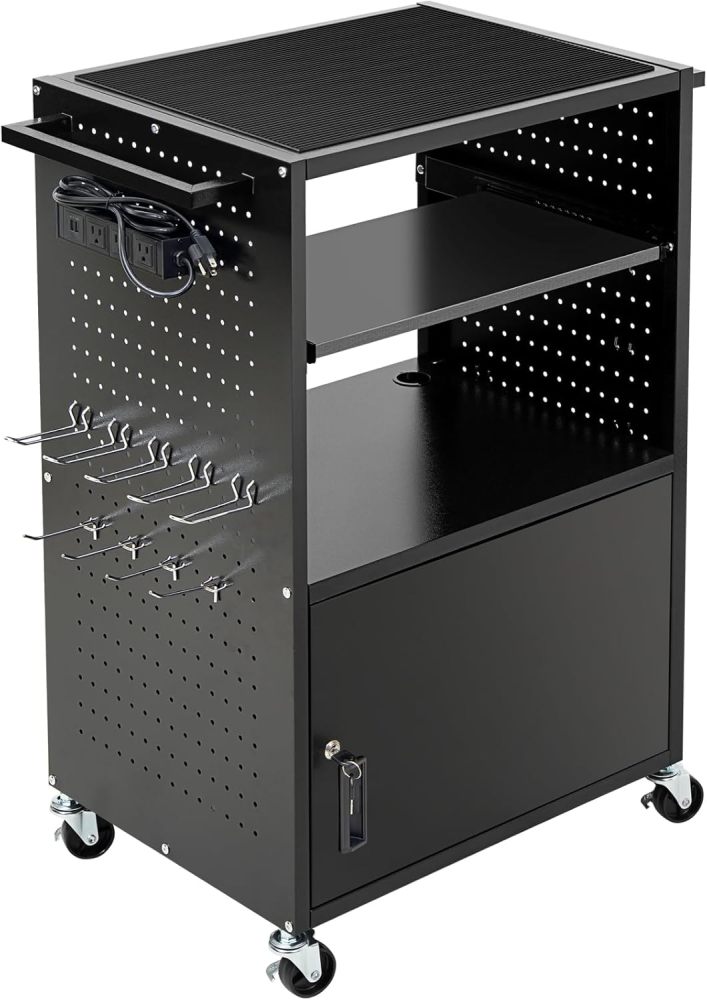 AV Cart, Computer Carts with Wheels and Power, Steel Cart with Locking Cabinet & Pullout Keyboard Tray, Projector Media Cart with Side Pegboard & 12 Hooks for School Office, Black（Free Shipping)