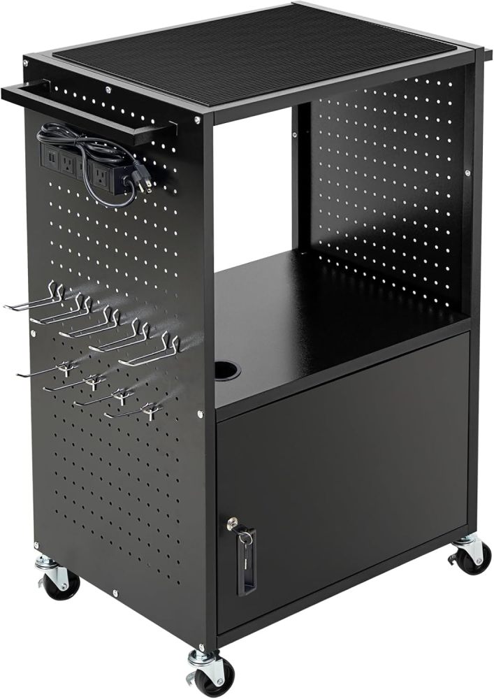 AV Cart, Computer Cart with Wheels and Power, Steel Utility Cart with Locking Cabinet, Projector Media Handcart with DIY Side Pegboard & 12 Hooks for School Office, 18”X 26” X40”, Black（Free Shipping)