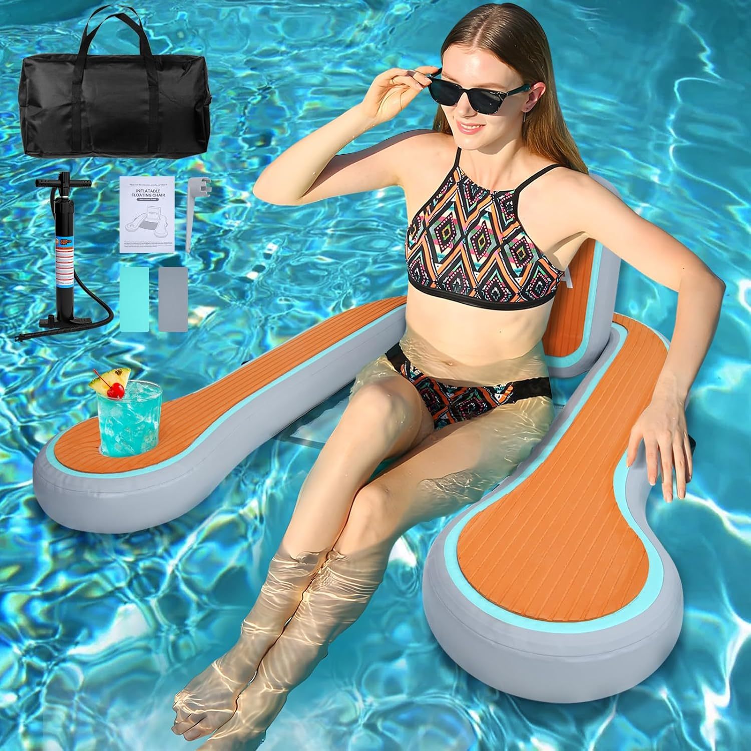 Inflatable Floating Chair, Pool Lounger Float for Adults, Floating Chair for Pool, Lake, River and Beach with EVA Pad Storage Bag Cup Holder, 48 X 45 Inch（Free Shipping)