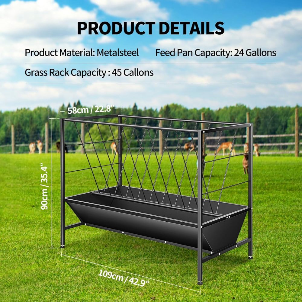 2 in 1 Pasture Hay Feeder 45 Gallon Livestock Feed Trough with 24 Gallon Feed Pan, Hay Grain Livestock Feeder for Sheep, Calf, Cow and Horse（FREE SHIPPING）
