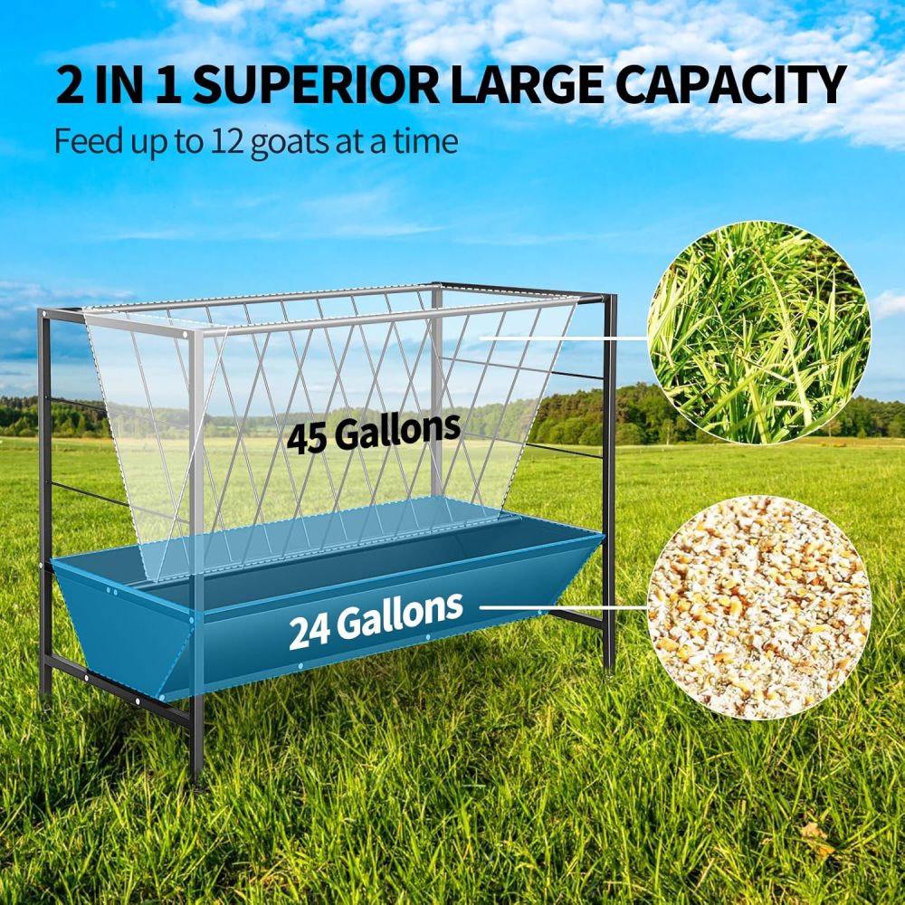 2 in 1 Pasture Hay Feeder 45 Gallon Livestock Feed Trough with 24 Gallon Feed Pan, Hay Grain Livestock Feeder for Sheep, Calf, Cow and Horse（FREE SHIPPING）