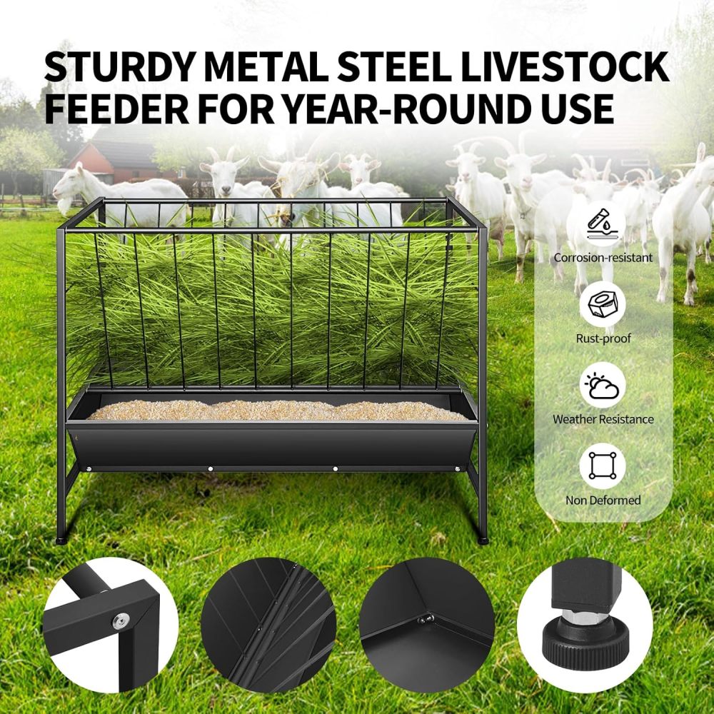 2 in 1 Pasture Hay Feeder 45 Gallon Livestock Feed Trough with 24 Gallon Feed Pan, Hay Grain Livestock Feeder for Sheep, Calf, Cow and Horse（FREE SHIPPING）