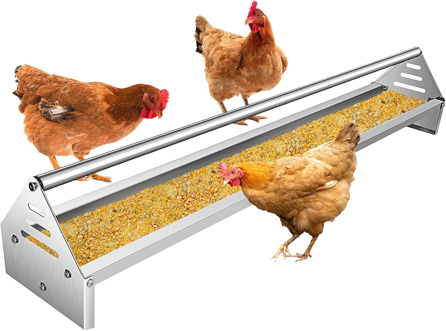 Chicken Feeding Trough 45", Heavy Duty Galvanized Steel Chicken Feeder with Crossbar, Holds 12 Chickens with Drainage Holes, Large Capacity Poultry Feeder Trough for Duck Geese Turkey Pigeon-FREE SHIPPING