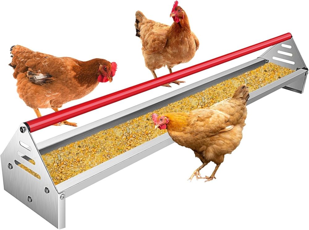 Chicken Feeding Trough 45", Heavy Duty Galvanized Steel Chicken Feeder with Red Crossbar, Holds 12 Chickens with Drainage Holes, Large Capacity Poultry Feeder Trough for Duck Geese Turkey Pigeon-FREE SHIPPING