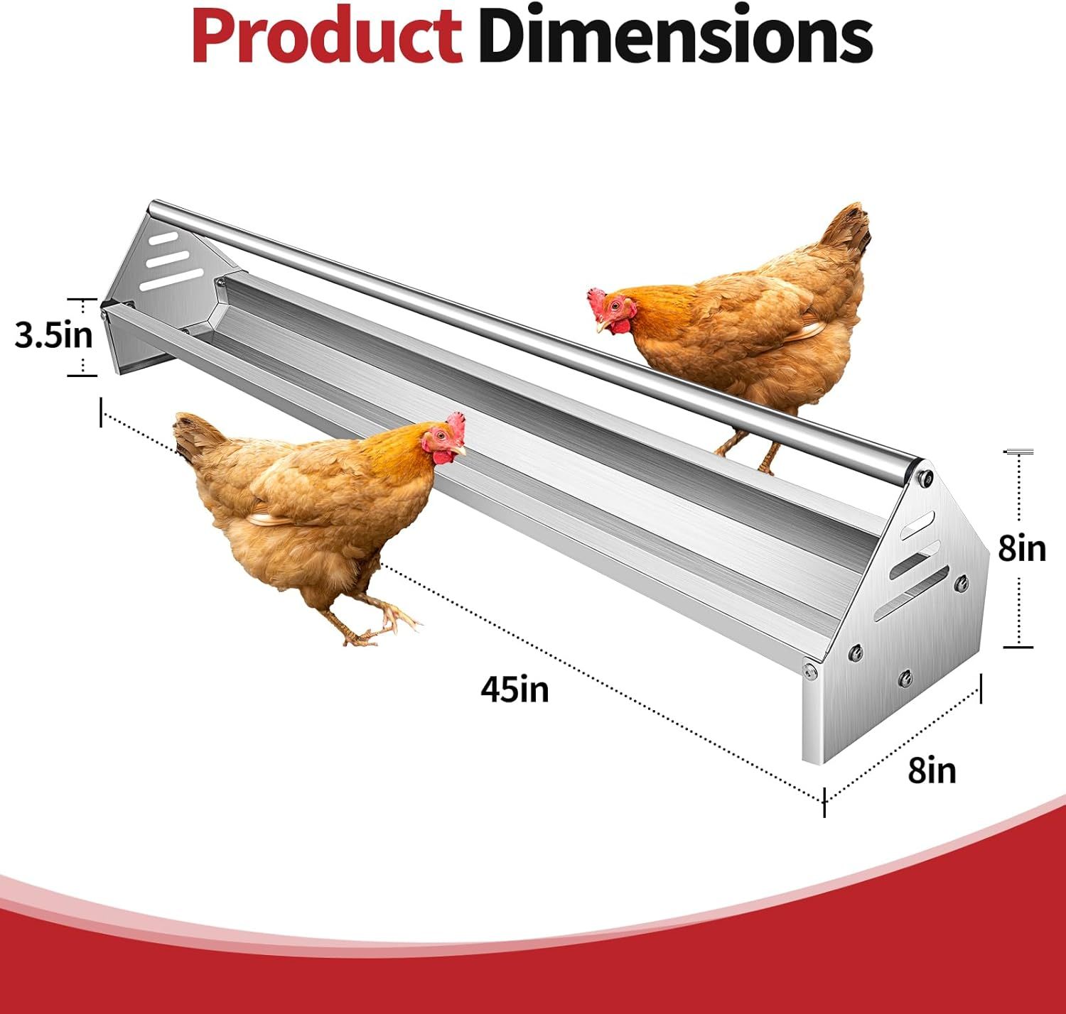 Chicken Feeding Trough 45", Heavy Duty Galvanized Steel Chicken Feeder with Crossbar, Holds 12 Chickens with Drainage Holes, Large Capacity Poultry Feeder Trough for Duck Geese Turkey Pigeon-FREE SHIPPING