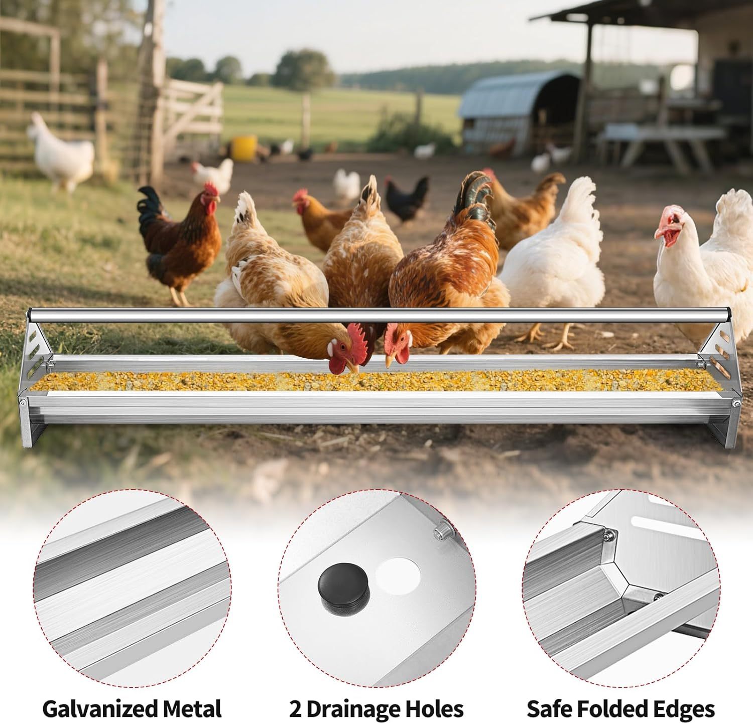 Chicken Feeding Trough 45", Heavy Duty Galvanized Steel Chicken Feeder with Crossbar, Holds 12 Chickens with Drainage Holes, Large Capacity Poultry Feeder Trough for Duck Geese Turkey Pigeon-FREE SHIPPING