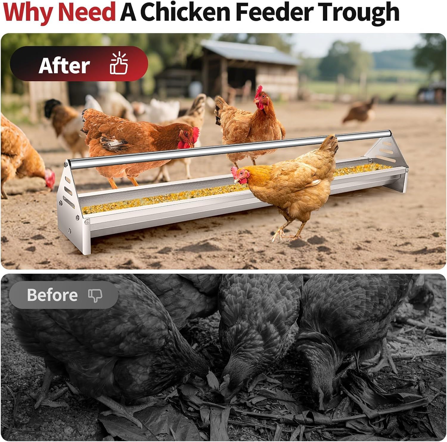Chicken Feeding Trough 45", Heavy Duty Galvanized Steel Chicken Feeder with Crossbar, Holds 12 Chickens with Drainage Holes, Large Capacity Poultry Feeder Trough for Duck Geese Turkey Pigeon-FREE SHIPPING