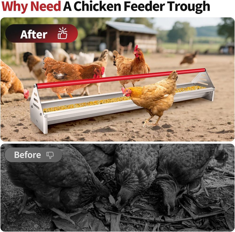 Chicken Feeding Trough 45", Heavy Duty Galvanized Steel Chicken Feeder with Red Crossbar, Holds 12 Chickens with Drainage Holes, Large Capacity Poultry Feeder Trough for Duck Geese Turkey Pigeon-FREE SHIPPING