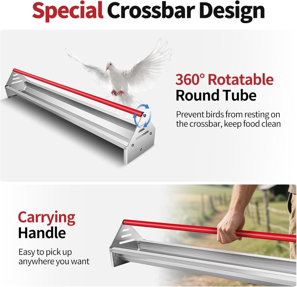Chicken Feeding Trough 45", Heavy Duty Galvanized Steel Chicken Feeder with Red Crossbar, Holds 12 Chickens with Drainage Holes, Large Capacity Poultry Feeder Trough for Duck Geese Turkey Pigeon-FREE SHIPPING
