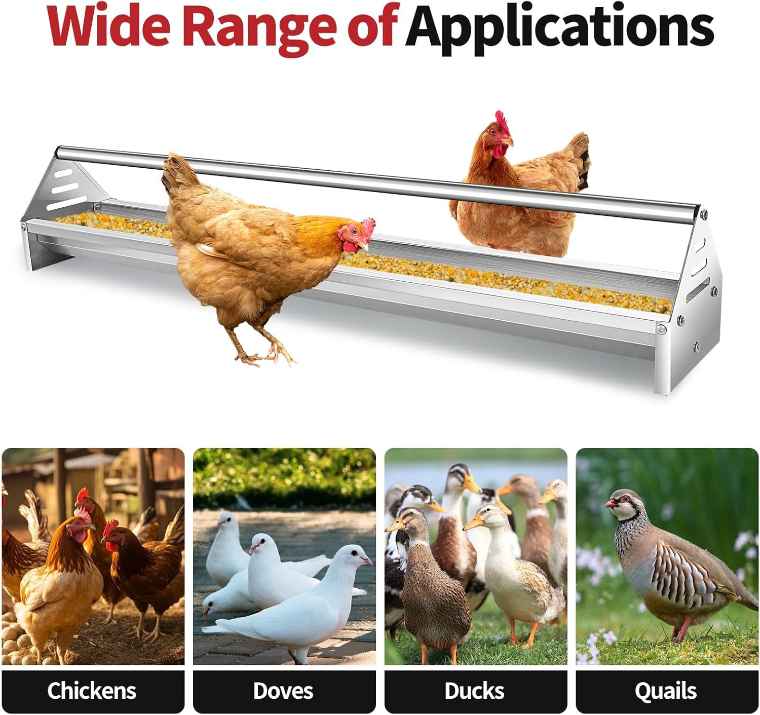 Chicken Feeding Trough 45", Heavy Duty Galvanized Steel Chicken Feeder with Crossbar, Holds 12 Chickens with Drainage Holes, Large Capacity Poultry Feeder Trough for Duck Geese Turkey Pigeon-FREE SHIPPING