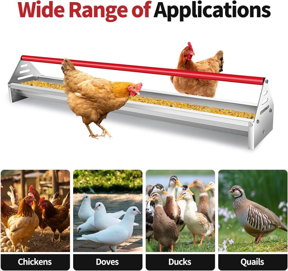 Chicken Feeding Trough 45", Heavy Duty Galvanized Steel Chicken Feeder with Red Crossbar, Holds 12 Chickens with Drainage Holes, Large Capacity Poultry Feeder Trough for Duck Geese Turkey Pigeon-FREE SHIPPING