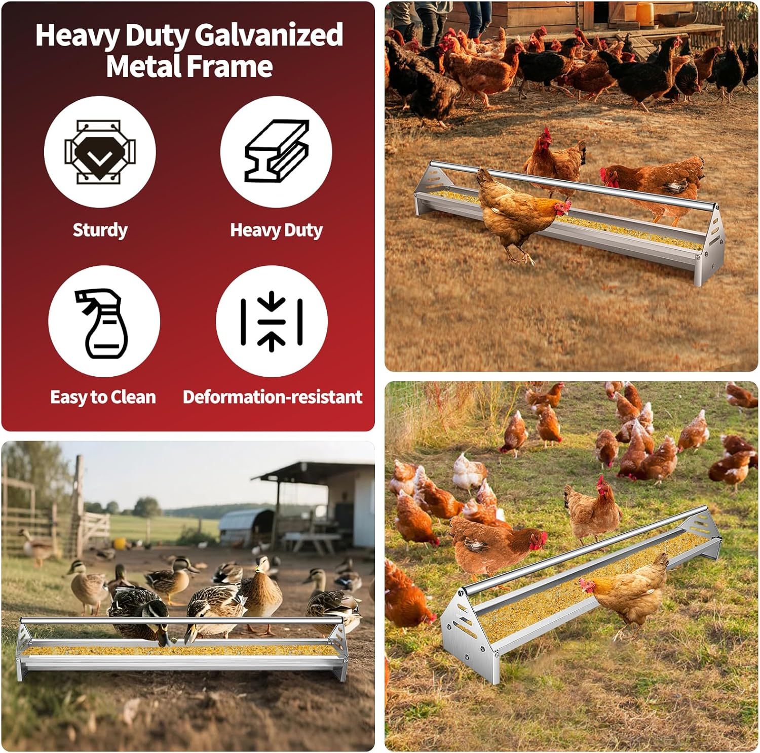 Chicken Feeding Trough 45", Heavy Duty Galvanized Steel Chicken Feeder with Crossbar, Holds 12 Chickens with Drainage Holes, Large Capacity Poultry Feeder Trough for Duck Geese Turkey Pigeon-FREE SHIPPING