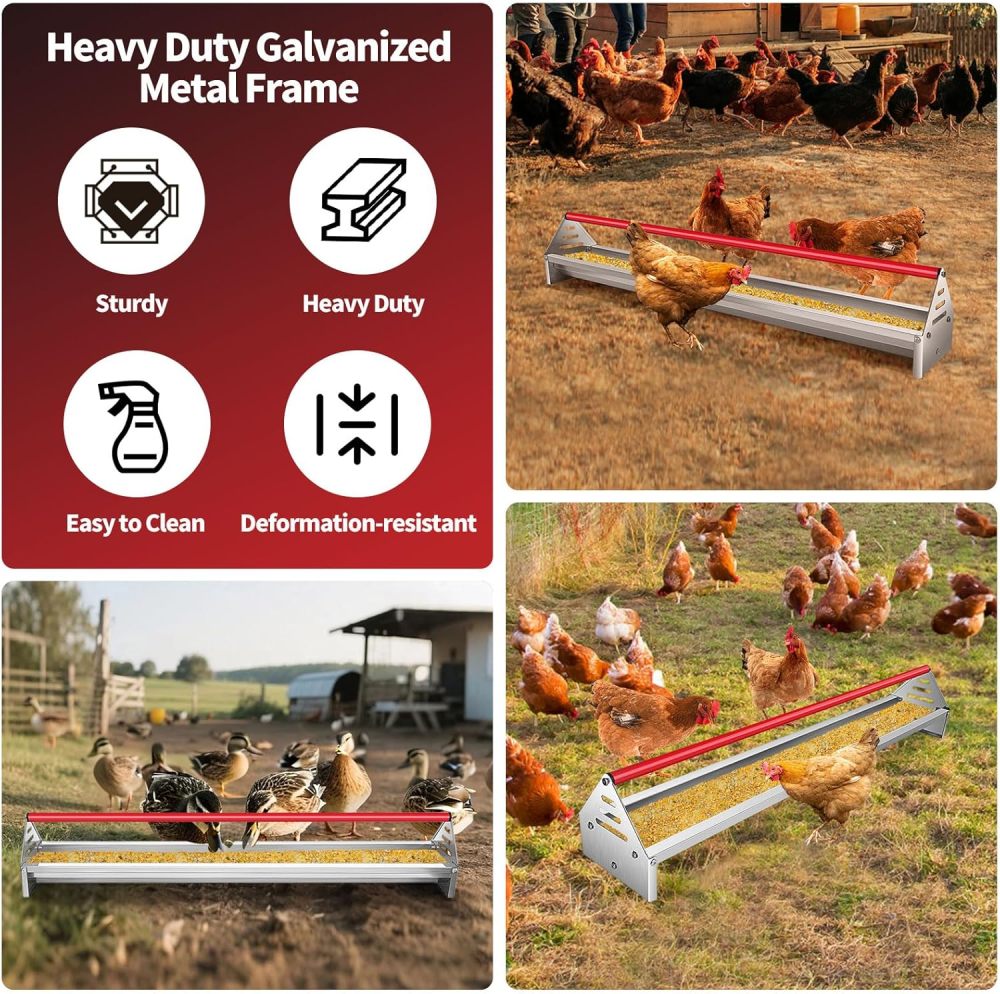 Chicken Feeding Trough 45", Heavy Duty Galvanized Steel Chicken Feeder with Red Crossbar, Holds 12 Chickens with Drainage Holes, Large Capacity Poultry Feeder Trough for Duck Geese Turkey Pigeon-FREE SHIPPING