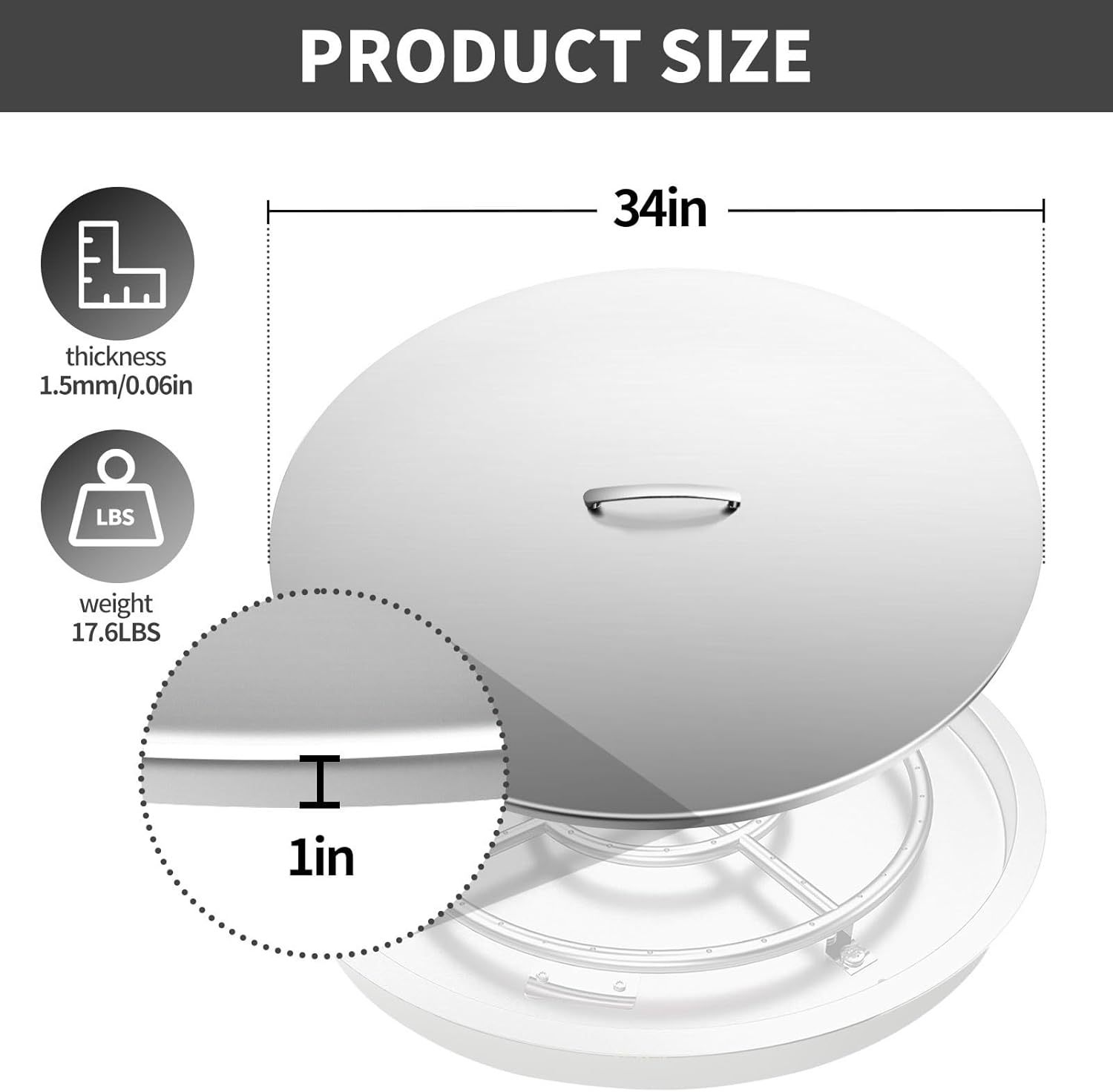 Fire Pit Lid Round, 34'' Fire Pit Lid, 304 Stainless Steel Fire Pit Cover, Fits 30" and 31" Round Drop in Fire Pit Pan-FREE SHIPPING