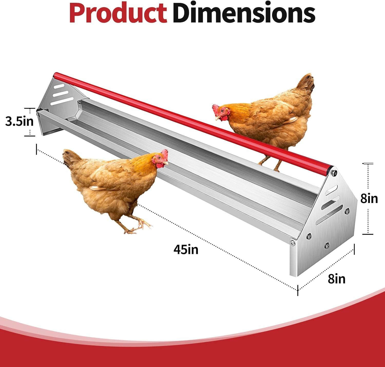 Chicken Feeding Trough 45", Heavy Duty Galvanized Steel Chicken Feeder with Crossbar, Holds 12 Chickens with Drainage Holes, Large Capacity Poultry Feeder Trough for Duck Geese Turkey Pigeon-FREE SHIPPING