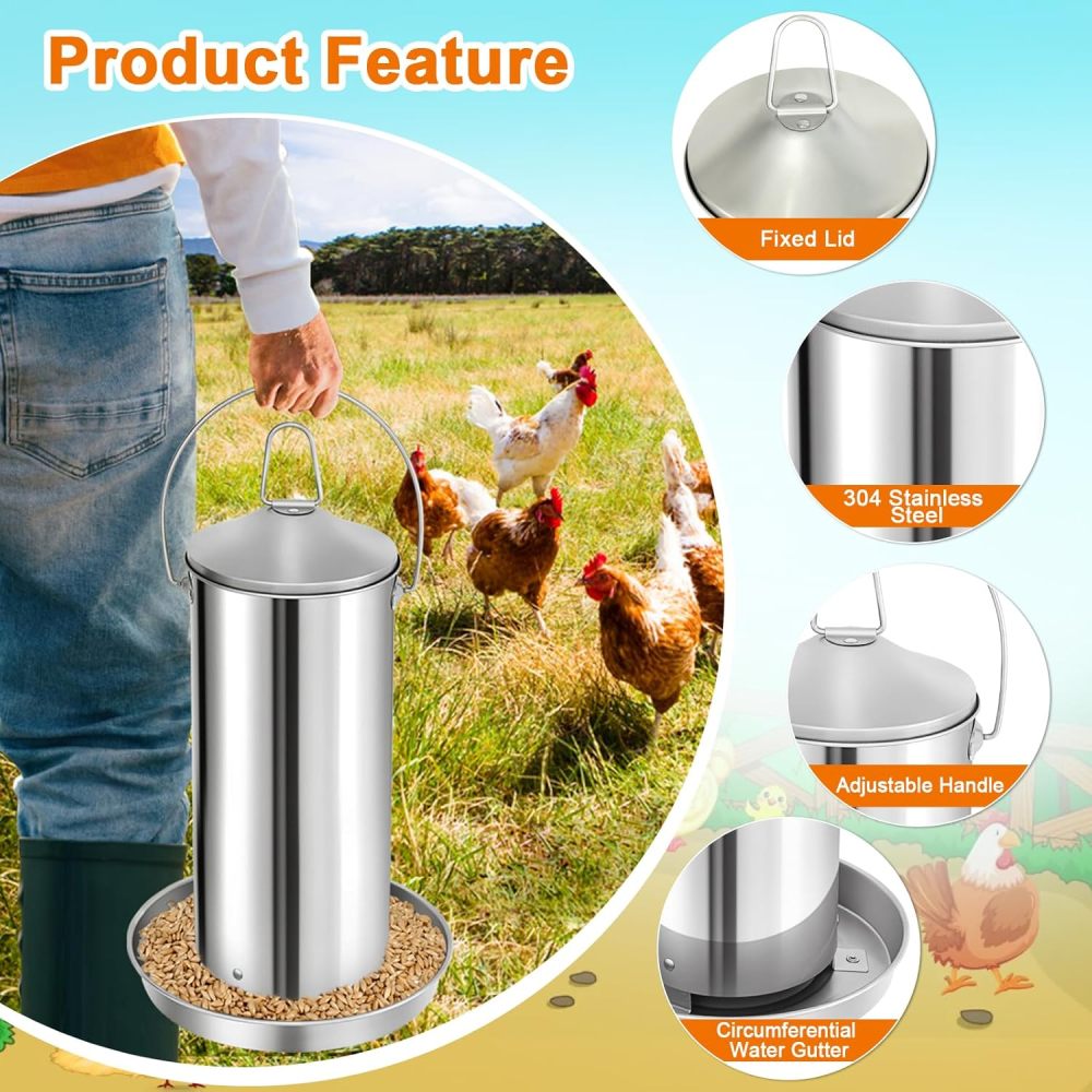 Automatic Chicken Feeder 3KG/6.6lbs, Stainless Steel Poultry Feeder, Heavy Duty Thickness 0.035 in / 0.9 mm, with Handle, Top Filled, Durable and Rust Resistant-Free Shipping