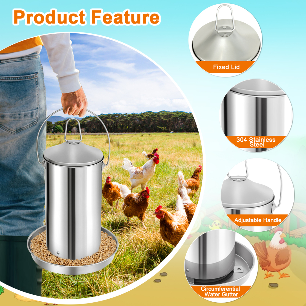 Automatic Chicken Feeder 3KG/6.6lbs, 4KG/8.8lbs, 8KG/17.6lbs, Stainless Steel Poultry Feeder, Heavy Duty Thickness 0.035 in / 0.9 mm, with Handle, Top Filled, Durable and Rust Resistant-Free Shipping