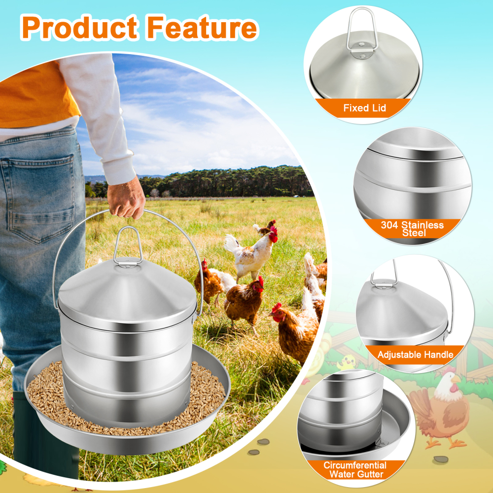 Automatic Chicken Feeder 3KG/6.6lbs, 4KG/8.8lbs, 8KG/17.6lbs, Stainless Steel Poultry Feeder, Heavy Duty Thickness 0.035 in / 0.9 mm, with Handle, Top Filled, Durable and Rust Resistant-Free Shipping