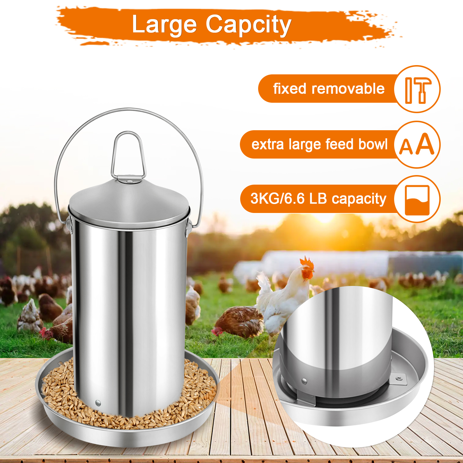 Automatic Chicken Feeder 3KG/6.6lbs, 4KG/8.8lbs, 8KG/17.6lbs, Stainless Steel Poultry Feeder, Heavy Duty Thickness 0.035 in / 0.9 mm, with Handle, Top Filled, Durable and Rust Resistant-Free Shipping