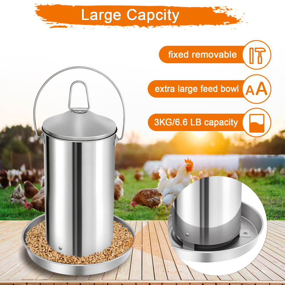 Automatic Chicken Feeder 3KG/6.6lbs, 4KG/8.8lbs, 8KG/17.6lbs, Stainless Steel Poultry Feeder, Heavy Duty Thickness 0.035 in / 0.9 mm, with Handle, Top Filled, Durable and Rust Resistant-Free Shipping