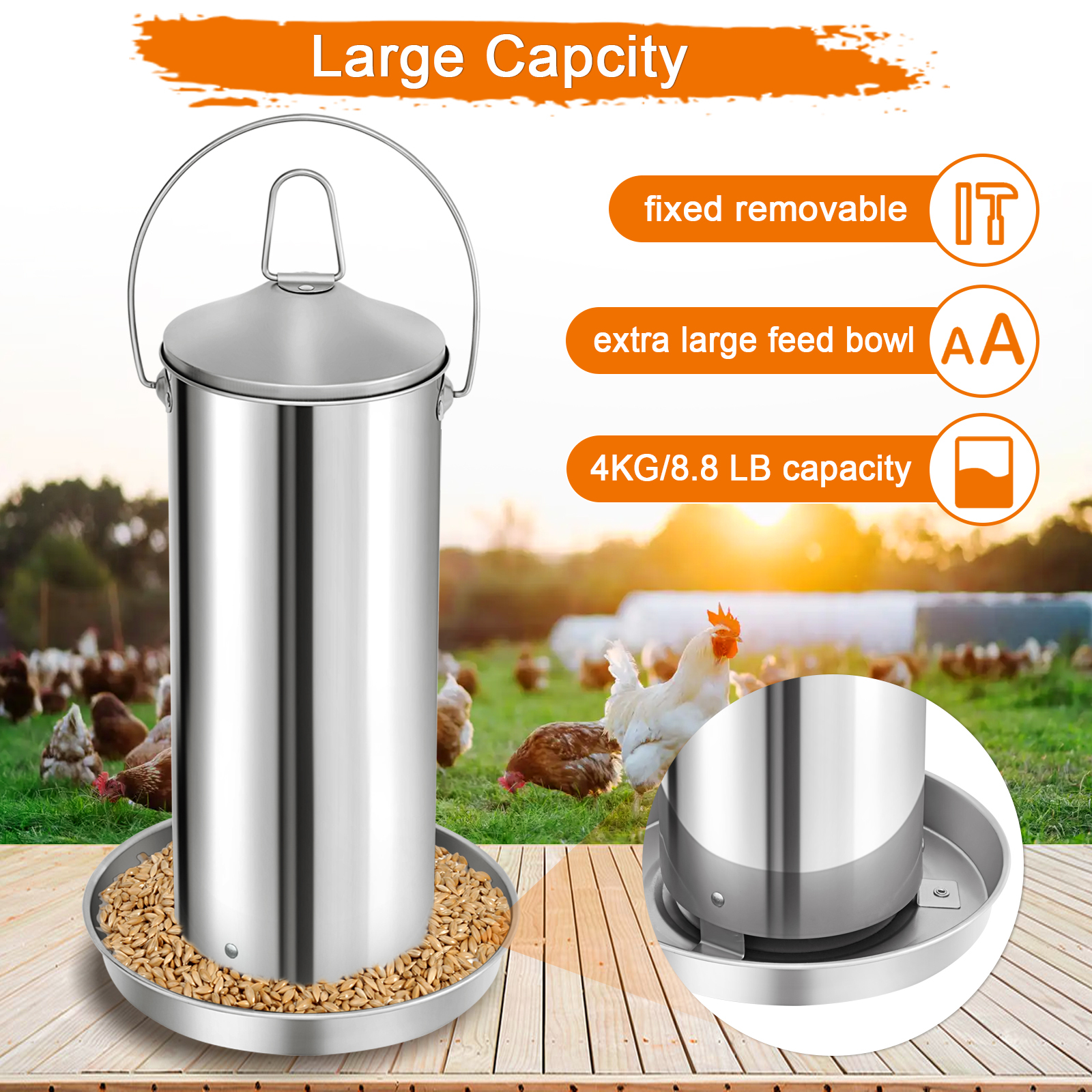Automatic Chicken Feeder 3KG/6.6lbs, 4KG/8.8lbs, 8KG/17.6lbs, Stainless Steel Poultry Feeder, Heavy Duty Thickness 0.035 in / 0.9 mm, with Handle, Top Filled, Durable and Rust Resistant-Free Shipping