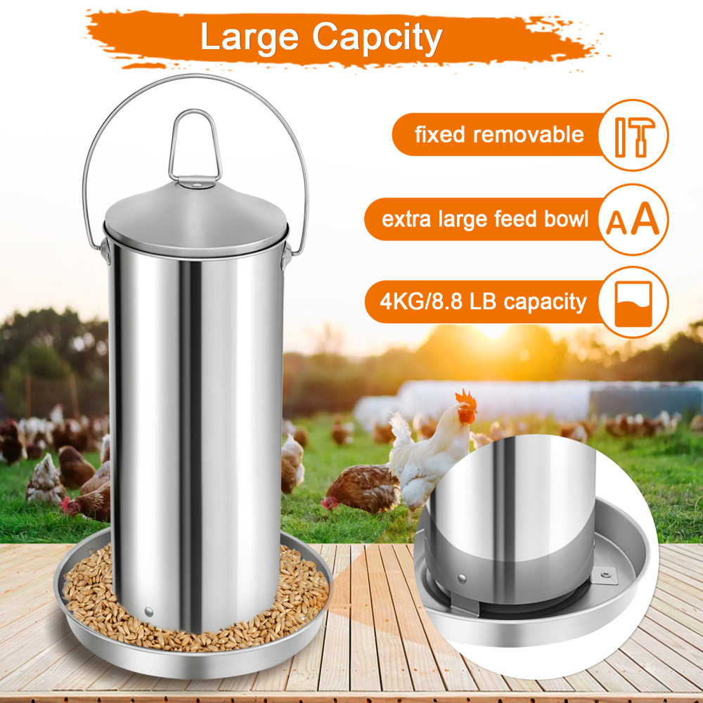 Automatic Chicken Feeder 3KG/6.6lbs, 4KG/8.8lbs, 8KG/17.6lbs, Stainless Steel Poultry Feeder, Heavy Duty Thickness 0.035 in / 0.9 mm, with Handle, Top Filled, Durable and Rust Resistant-Free Shipping