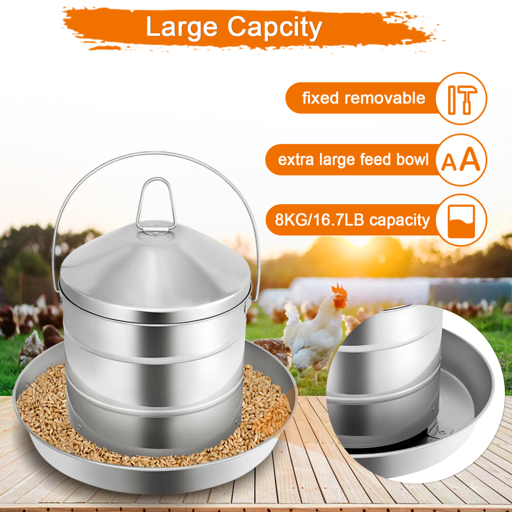 Automatic Chicken Feeder 3KG/6.6lbs, 4KG/8.8lbs, 8KG/17.6lbs, Stainless Steel Poultry Feeder, Heavy Duty Thickness 0.035 in / 0.9 mm, with Handle, Top Filled, Durable and Rust Resistant-Free Shipping