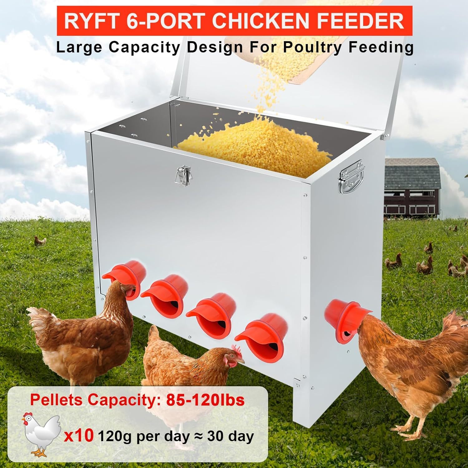 HONYTA 85lbs Automatic Chicken Feeder Large Capacity, 6-10Port Galvanized Metal Poultry Feeder for Chickens, Geese, Ducks, Turkeys, Quails(FREE SHIPPING))