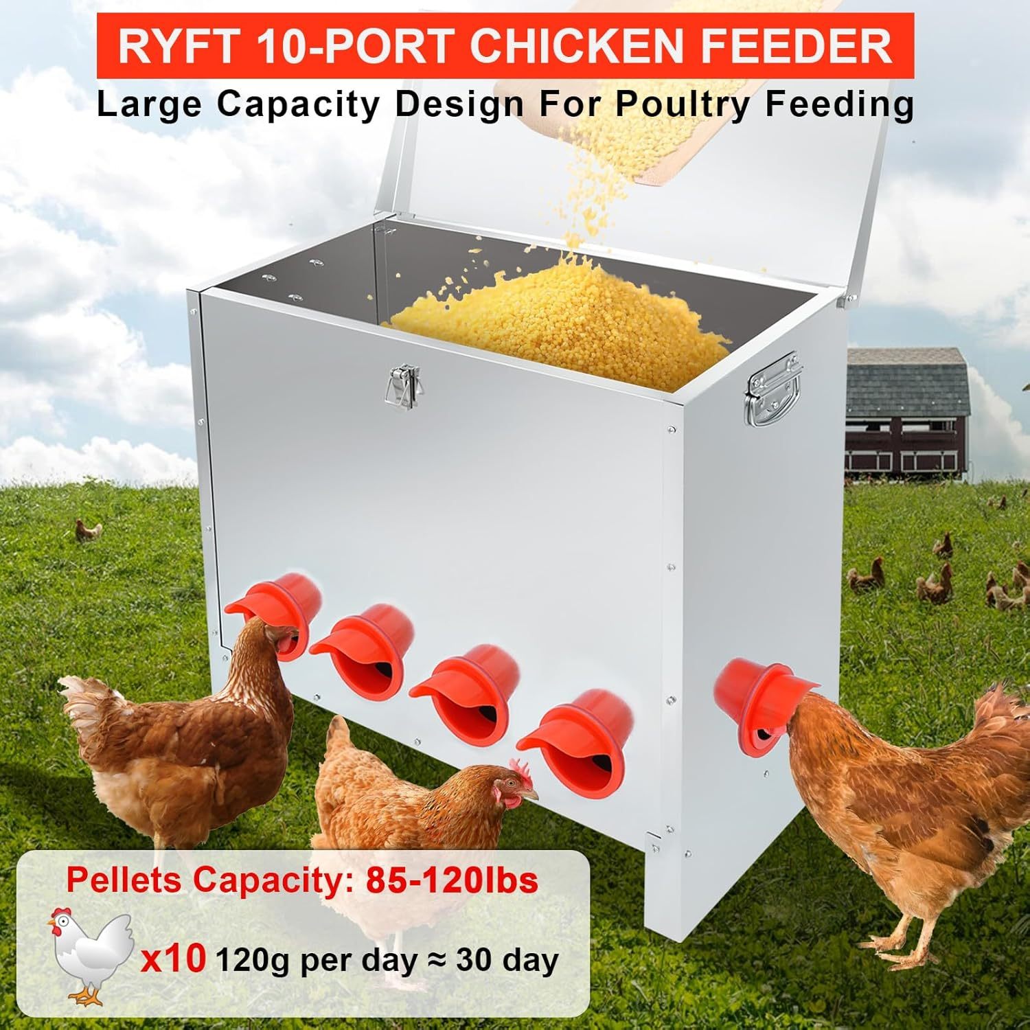 HONYTA 85lbs Automatic Chicken Feeder Large Capacity, 6-10Port Galvanized Metal Poultry Feeder for Chickens, Geese, Ducks, Turkeys, Quails(FREE SHIPPING))