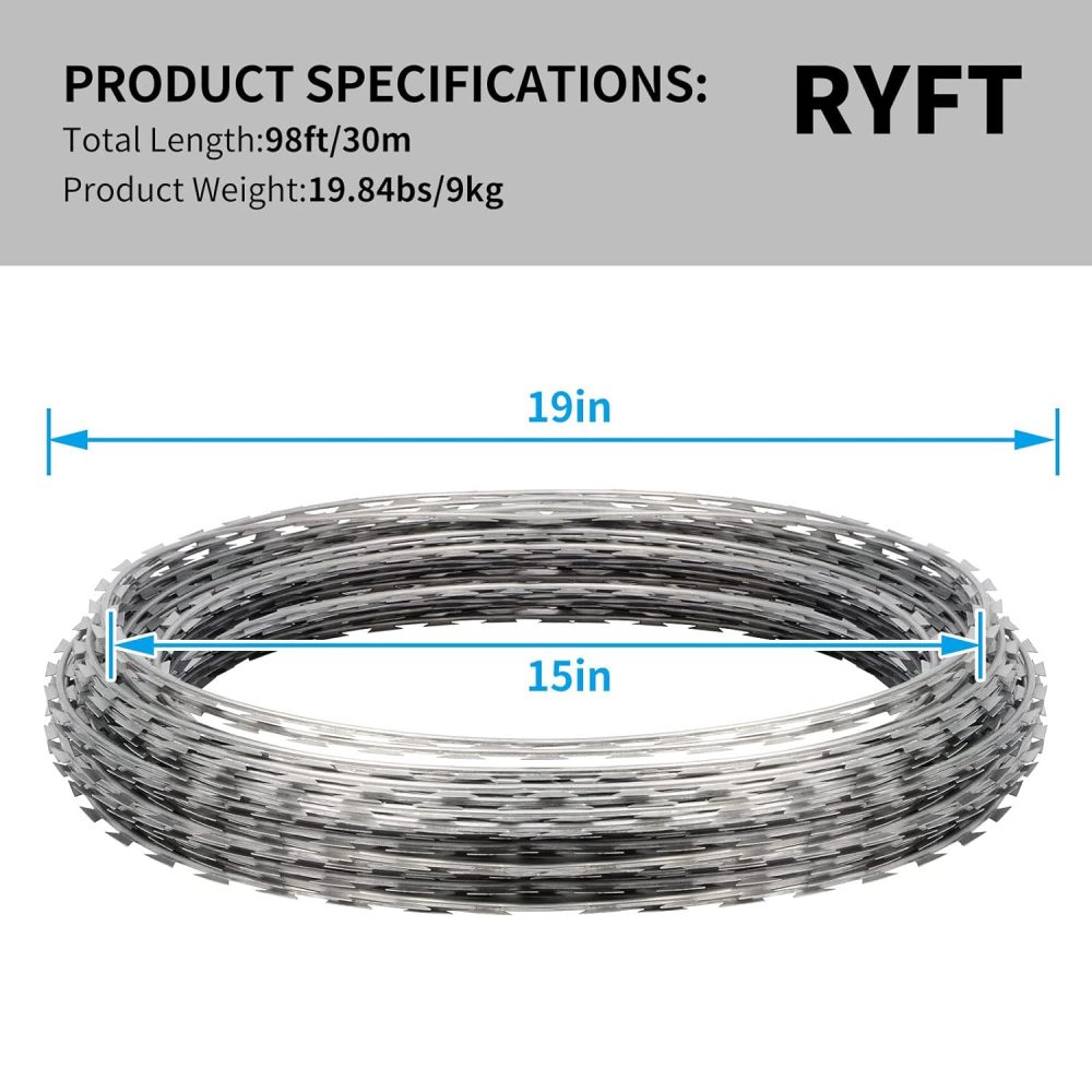 HONYTA  Razor Wire Galvanized Barbed Rope, 98 Feet Razor Ribbon Barbed Wire, Useful Protection for Fence, Wall, Garden, Factory-FREE SHIPPING