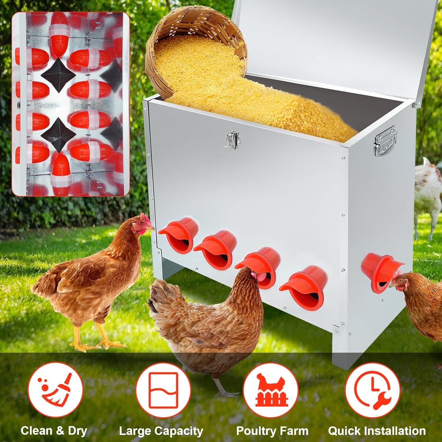 HONYTA 85lbs Automatic Chicken Feeder Large Capacity, 6-10Port Galvanized Metal Poultry Feeder for Chickens, Geese, Ducks, Turkeys, Quails(FREE SHIPPING))