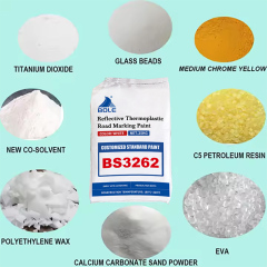 Komposisi bahan cat marka jalan termoplastik B23262 meliputi resin C5, titanium dioksida, dan manik-manik kaca