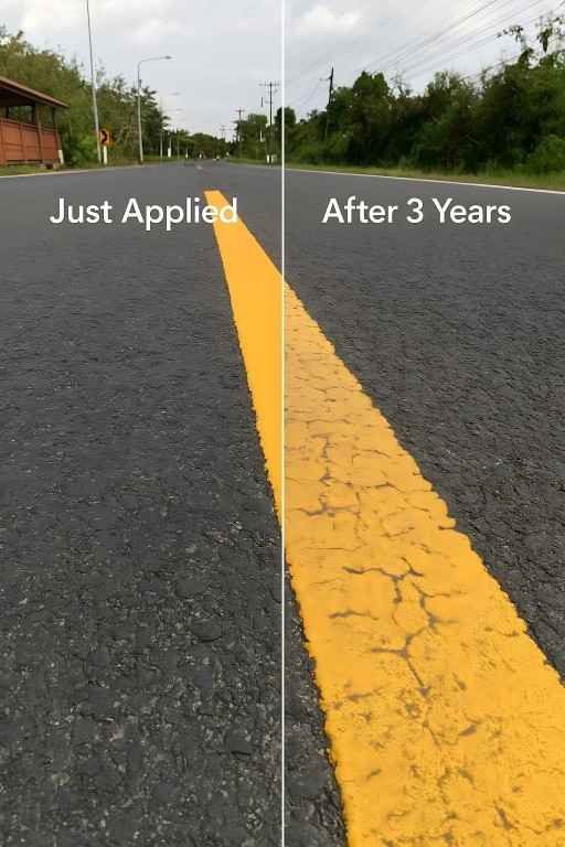 Comparaison de la peinture thermofusible pour marquage routier avant et après 3 ans