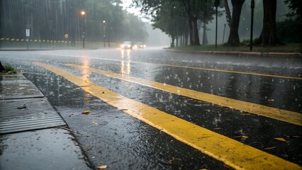 Thermoplastic zebra crossing remains visible on a rainy city road in Vietnam.