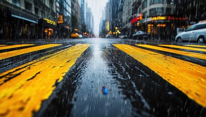 Thermoplastic road markings on a wet urban street in Vietnam during the rainy season.