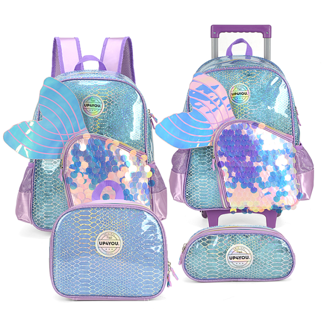 Custom Wonderful Beauty Wing Design Cartoon Kids Girls Children Wheeled Backpack School Trolley Bags