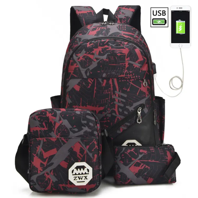 New Men's Bag Korean Style Fashion Student Schoolbag Backpack Three-piece Casual Travel & Outdoor Hiking Backpack